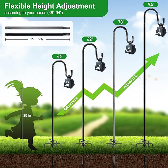 Bird Feeder Pole with Shepherd’S Hook - 78" Heavy Duty Hummingbird Stand with 5-Prong,Rustproof Bird Feeder Hangers for Outside Hanging Birdfeeders, Wind Chimes, Lanterns, Solar Lights - Black