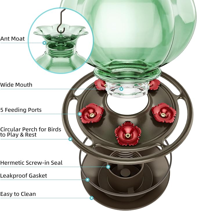 Auslar Hummingbird Feeder, Green Glass Hummingbird Feeder for Outdoors Hanging with Ant Moat, 5 Simulation Flowers Feeding Ports, 23 Ounces, Rustproof, Fade Proof, Pomegranate Shape