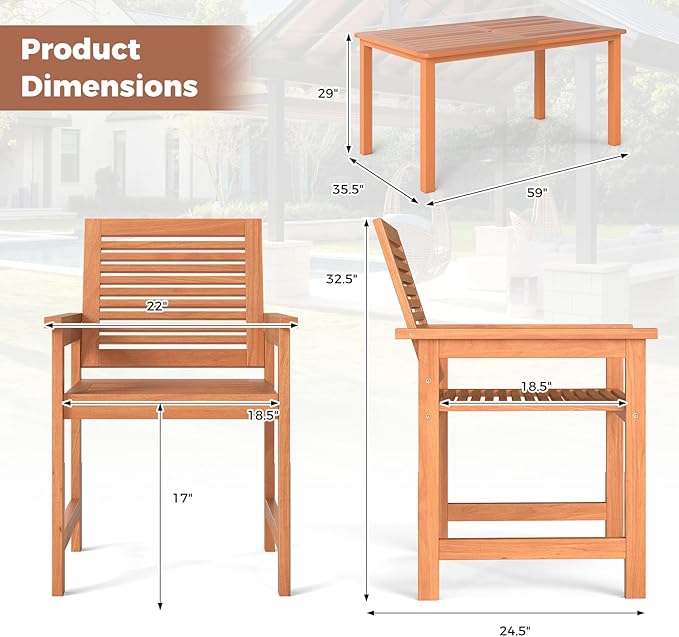 Tangkula 7-Piece Patio Wood Dining Table Set, Outdoor Rectangular Table and 6 Armchairs with 2" Umbrella Hole, Outside Furniture Set for Backyard, Poolside, Garden, Lawn