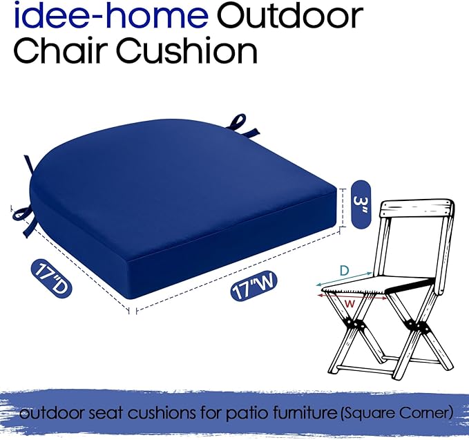 idee-home Outdoor Chair Cushions Set of 4, Thick 17" x 17" x 3" Patio Chair Cushions for Outdoor Furniture Waterproof with Ties, Seat Cushion, Patio Chair Pads Dining Chair Dark Cerulean