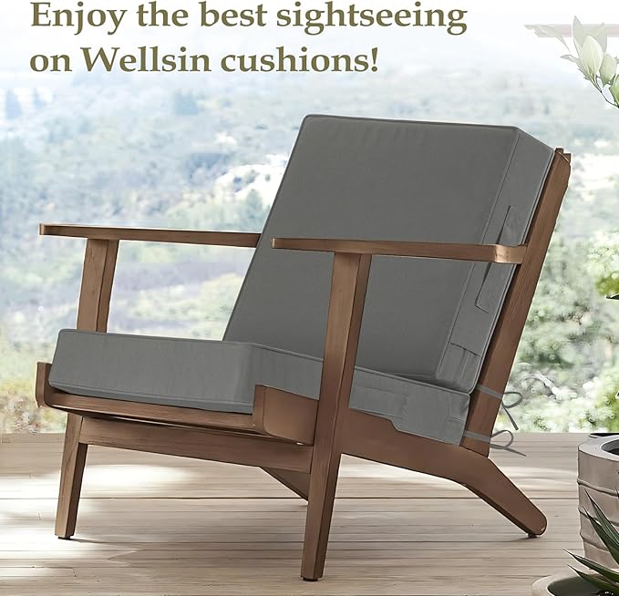 Wellsin Outdoor Cushions for Patio Furniture, Waterproof Outdoor Seat Cushions with Ties and Handle, 22X22 Outdoor Cushions, Outdoor Deep Seat Cushions with Removable Cover, Dark Gray