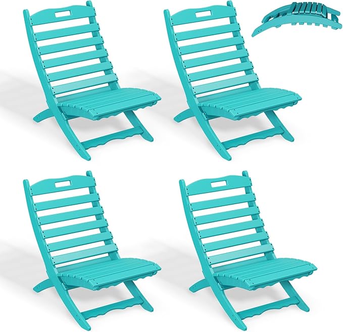 GREENVINES Folding-Xavier-Chairs Set of 4 | Wave | Portable Adirondack-Chair | HDPE Plastic | All Weather Fire-Pit Chair | Aqua | for Beach Outdoor Deck Poolside Garden Patio Porch Fishing