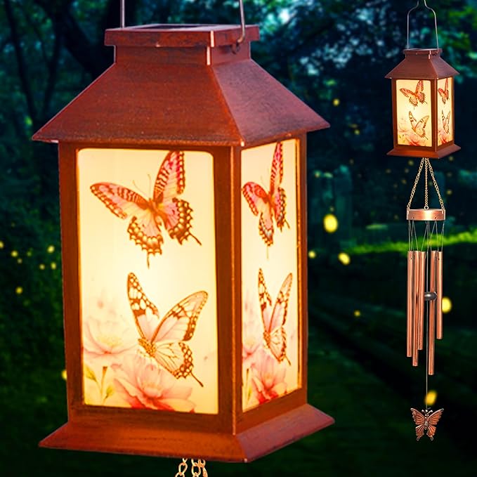 Retro Butterfly Decorative Wind Chime Gift, Solar-Powered Butterfly Wind Chimes, for Women Mom Grandmother, Garden Lawn Decorations, Thanksgiving Gifts