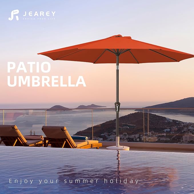 JEAREY 10FT Outdoor Patio Umbrella Outdoor Table Umbrella with Push Button Tilt and Crank, Market Umbrella 8 Sturdy Ribs UV Protection Waterproof for Pool, Garden (Orange)