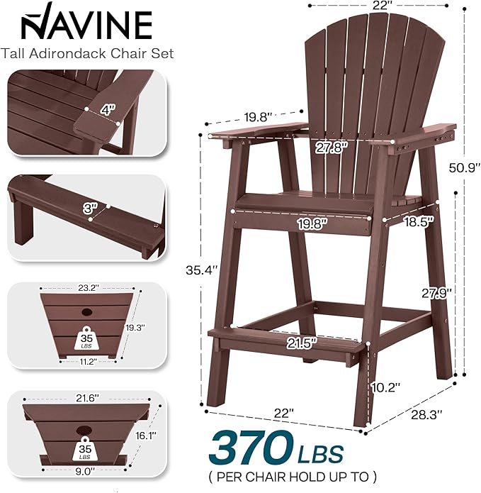Tall Adirondack Chairs Set of 2, HDPE Balcony Chair with Double Connecting Tray, Weather Resistant Outdoor Adirondack Bar Stools for Patio, Deck, Patio, Backyard, Balcony.(Brown)