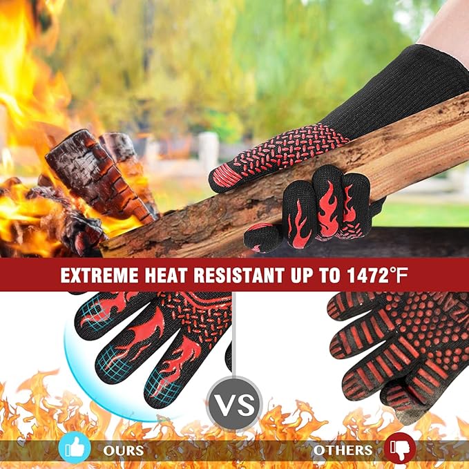 BBQ Grill Gloves : 1472 ℉ High Temp Resistance Fireproof Glove for Grilling Barbecue - Washable Long Silicone Oven Mitts Extreme Hot Proof Mittens for Kitchen Cooking Baking