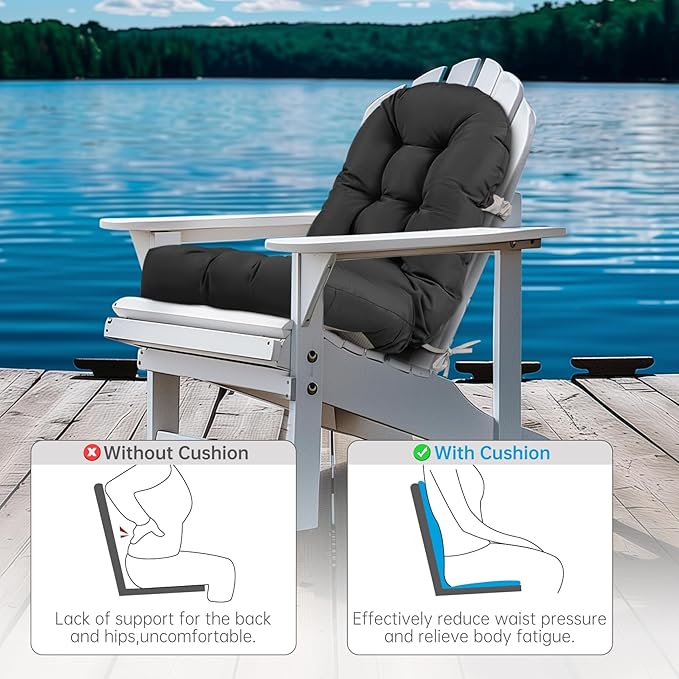 Adirondack Chair Cushion Waterproof Rocking Chair Cushion, Tufted High Back Patio Chair Cushions with Anti-Slip Ties for Rocking Chairs,Adirondack Chair,Patio Furniture (Black)