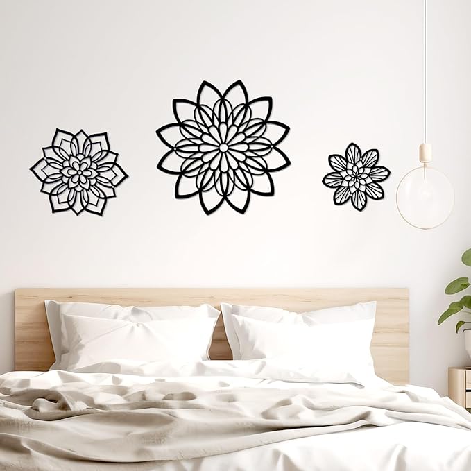 Zzbakress 3 Pieces Metal Flowers Wall Decor, Black Wall Decors, Flower Art Wall Decor Farmhouse Wall Decoration Multiple Flowers Hanging Decor for Bathroom Living Room Garden Office (Black Elegant)