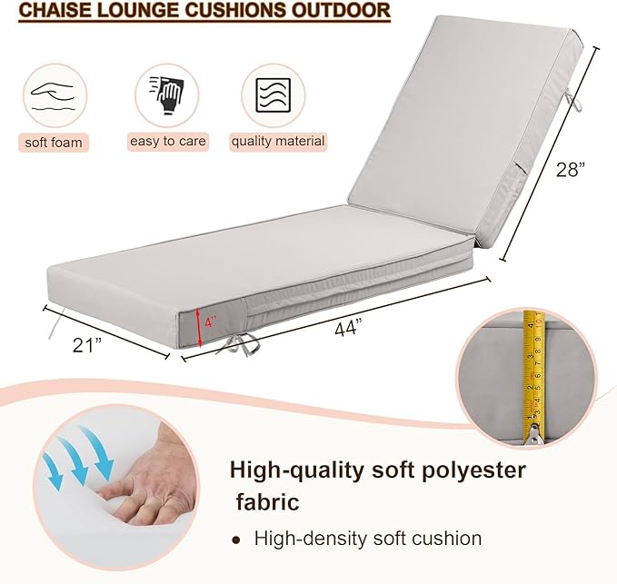 Outdoor Chaise Lounge Cushion, 4 Inch Thick Waterproof Fade Resistant Patio Furniture Lounger Chair Cushion Pad for Pool (1, Off-White, 72'' L x 21'' W x 4" T)