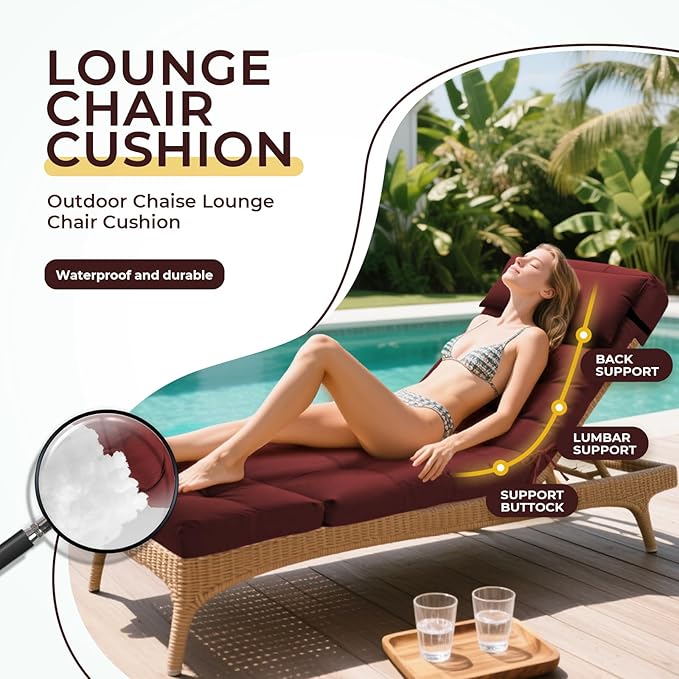 Outdoor Chaise Lounge Chair Cushion Waterproof 74.4 x 22 x 4.7 Inches Lounge Chair Cushions Thickened for Outdoor Furniture with Headrest and Pocket, Replacement Pool Lounge Cushions, Red