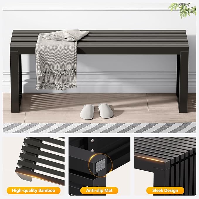 Bamboo Dining Bench, 35-inch Sleek Design Entryway Shoe Rack Bench, Indoor Kitchen Table Bench, Waterproof Outdoor Bench, Black