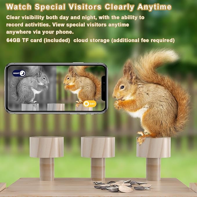 Wooden Squirrel Feeder with HD Camera, Solar-Powered Outdoor Squirrel Bar, Real-Time View, Instant Notifications, Durable & Sturdy, for Squirrel Lovers