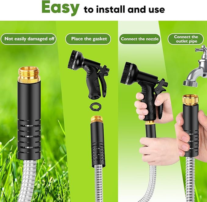 Garden Hose Metal 125FT, Stainless Steel Heavy Duty Water Hose With 10 Function Nozzle, No-Kink, Tough & Flexible, Sturdy and Lightweight, Rust Proof for Yard, Outdoor, RV