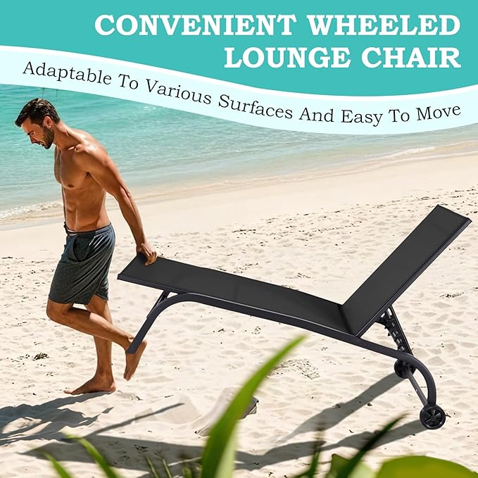 EROMMY Patio Chaise Lounge Chair Set of 2 with Wheels, Oversized 26" W Outdoor Lounge Chairs with Adjustable Backrest, Waterproof Poolside Lounge Chairs