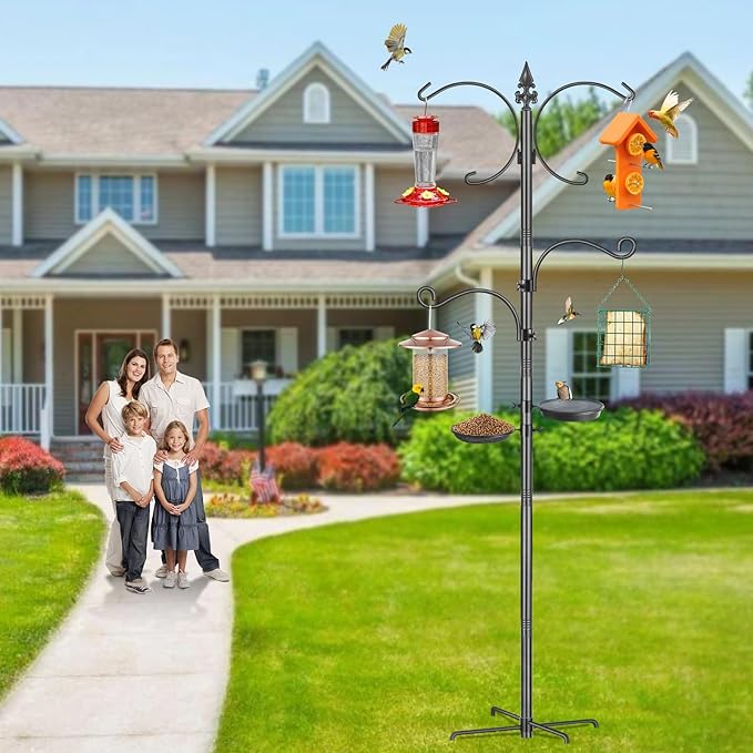 Bird Feeder Pole, 76 Inch Bird Feeding Station, Heavy Duty Shepherd Hooks for Outdoors Hanging Birds Feeders, 4 Hook Hummingbird Feeder Stand with Birds Bath, Mesh Tray