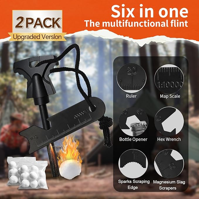 2PCS Magnesium Fire Starter with Striker, High Temp Magnesium Rod, Ferro Rod Fire Starter Survival Tool with 20Pack Waterproof Tinder and Steel Fire Striker for Camping, Hiking and Emergency