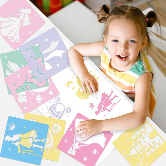 36Pcs Princess Drawing Stencils for Kids 8 Inch Reusable Fairy Sidewalk Chalk Stencil Large Fairytale Castle Stencils Princess Theme Primary Shape Template for Kids Toddlers Drawing Wall Home