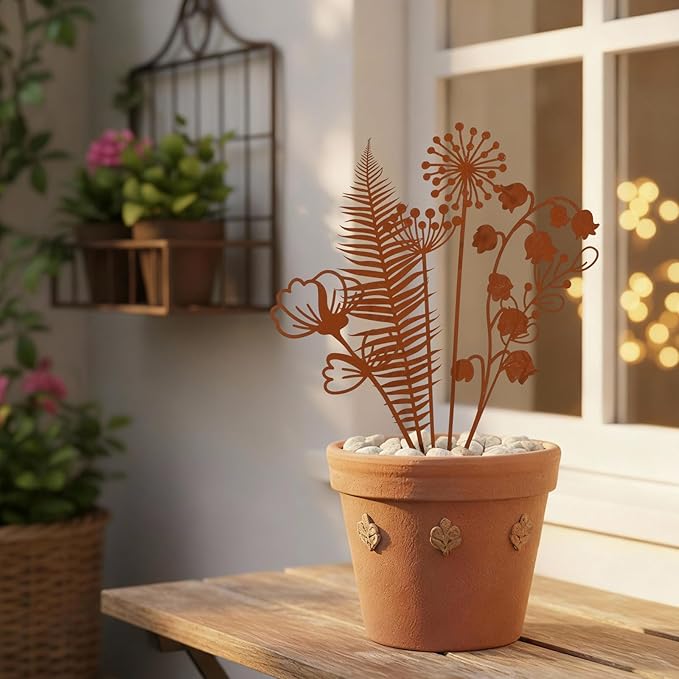 12 Pack Rusty Metal Garden Stakes, Rustic Garden Decor Decorative Metal Wildflower for Outside Plants Stakes Iron Art Outdoor for Lawn Yard Walkway