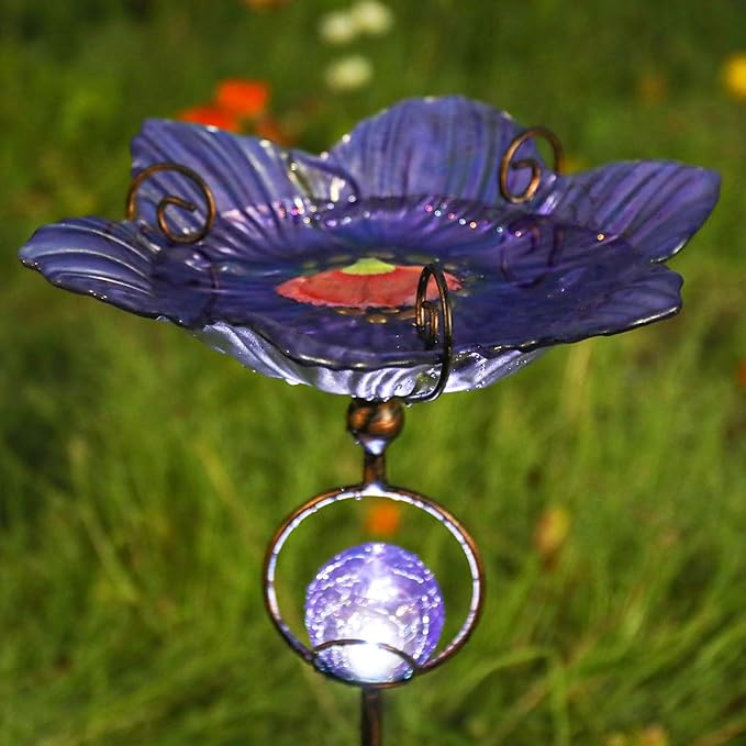 MUMTOP Glass Bird Baths for Outdoors, Flower Bird Baths Bowl with Solar Crackle Glass Globe Lights Decorations and Metal Stake for Outdoor Garden Yard Lawn Outside, Purple