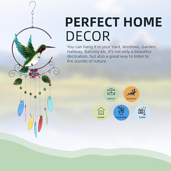Wind Chimes Hummingbird, Garden Glass Colorful Wind Chimes for Home, Party, Festival Decor, Garden Decoration Indoor/Outdoor, Lifelike Hummingbird Bell Deep Tone Style