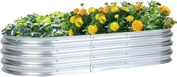 Aoodor Galvanized Raised Garden Bed Kit, 5 x 2 x 1 Ft, Oval Planter Box for Vegetables, Flowers, and Herbs, Outdoor Use, Silver