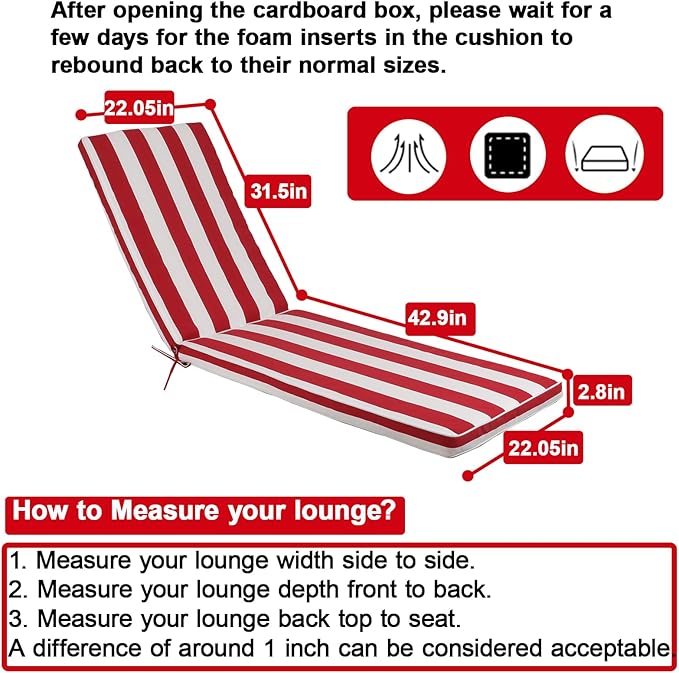 Only choice 2 Pcs Set Outdoor Lounge Chair Cushions Patio Chaise Lounge Replacement Cushions Furniture Seat Cushions Chair Pads(Red White Striped)
