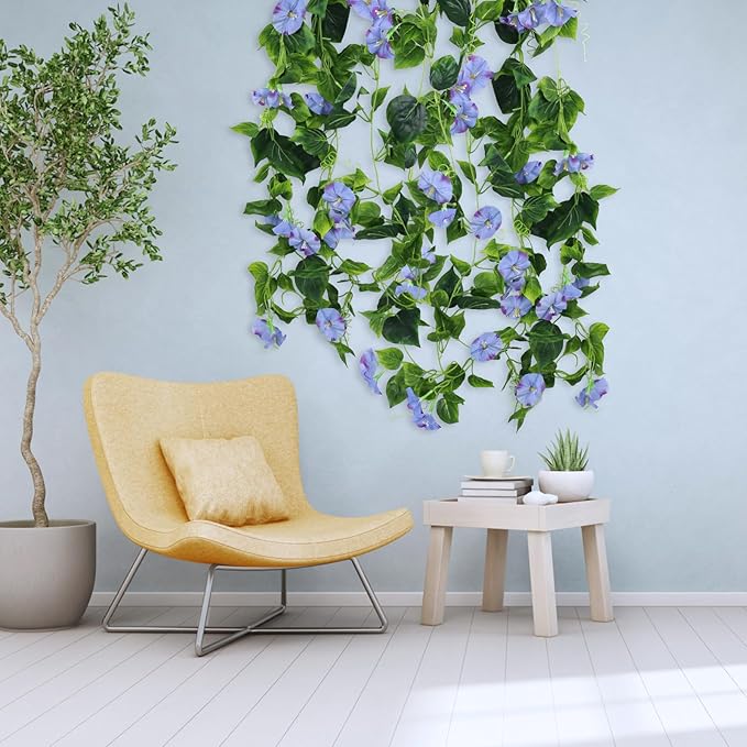 AirSun Artificial Morning Glory Flower Vines, 2pcs 15Feet Hanging Plants Silk Garland Fake Green Plant Home Garden Wall Fence Indoor Outdoor Wedding Birthday Decor