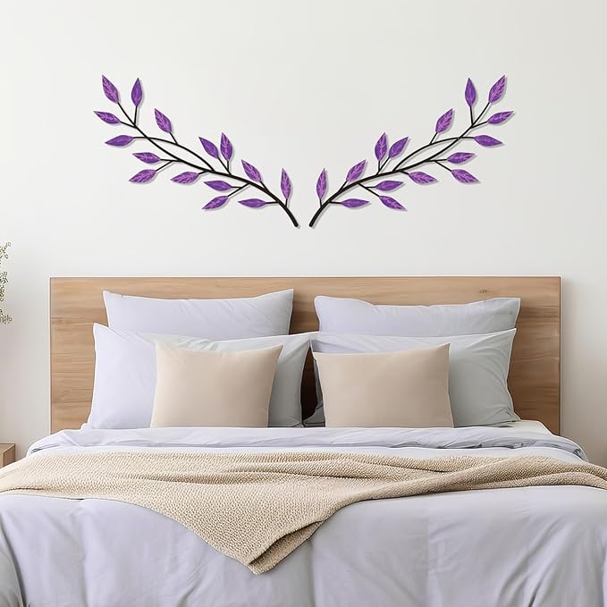 LWHZHE 2 Pieces Vintage Tree Leaf Wall Art Vine Metal Bathroom Wall Decor Olive Branch Wall Decor Living Room Tree Wall Art for Outdoor Hallway Kitchen Garden (Purple)