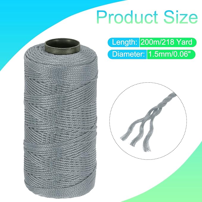 MECCANIXITY Nylon String 3 Strands Twisted Mason Line 1.5mm x 218 Yards Nylon Twine String for DIY Projects, Home Improvement, Gardening, Gift Wrapping, Christmas Party Supplies, Grey