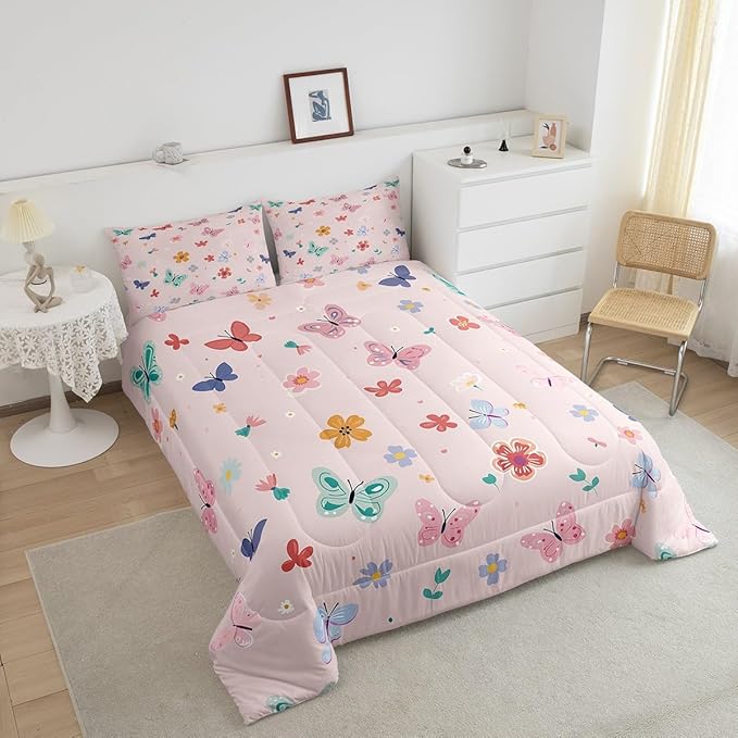 Erosebridal Cute Butterfly King Comforter Set,Kawaii Pink Floral Bedding Sets for Girls Kids,Coquette Flower Garden Quilt Bed Set,Pink Girly Princess Bedroom Decor,2 Pillowcases All Season