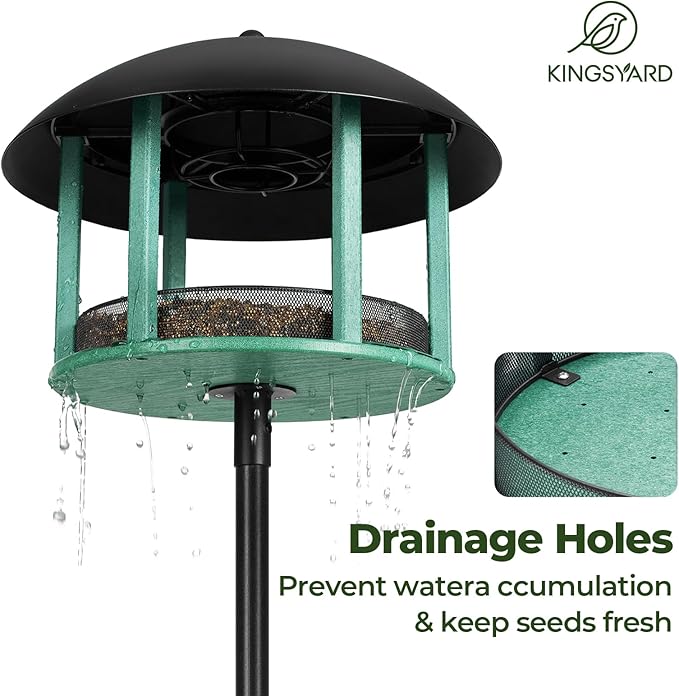 Kingsyard Large Platform Bird Feeder for Outside, Tray Bird Feeder with Weather Protective Dome & Universal Pole Kit, 5 lbs Seed Capacity, Green