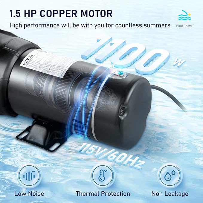 VEVOR Swimming Pool Pump, 1.5 HP 115 V, 1100 W Single Speed Pumps for Above Ground Pool w/Strainer Basket, 5280 GPH Max. Flow, Certification of ETL for Security