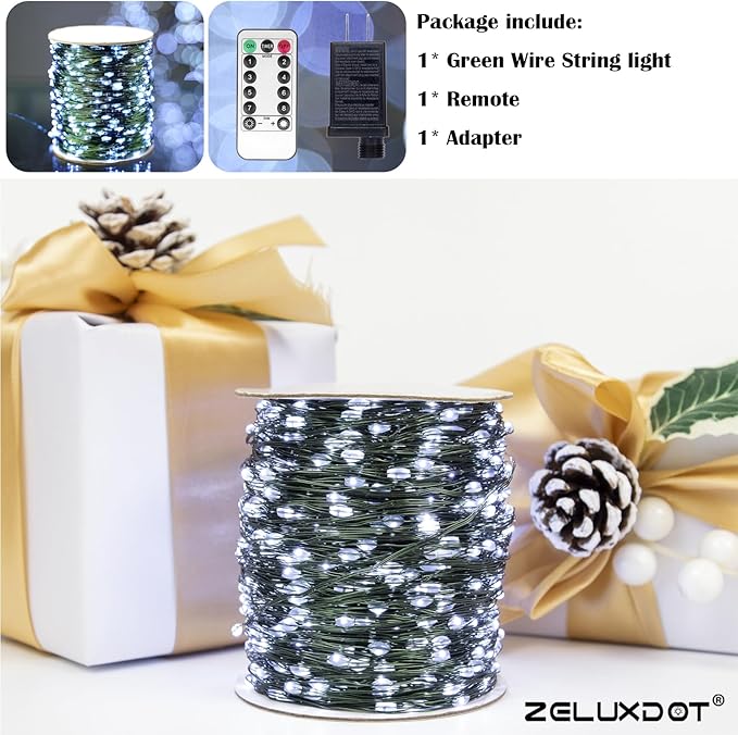 Fairy Lights Plug in,100FT 300LEDs Waterproof Led String Lights,8 Modes Remote Twinkle Light for Outdoor Indoor Christmas Wedding Birthday Garden Party Decorations,Green Wire,Cool White