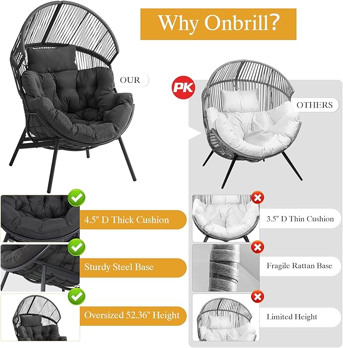 ONBRILL Egg Chair for Outdoor & Indoor, Patio Wicker Chair with Thick Cushion, Oversized Rattan Chairs for Balcony, Porch & Backyard, 550 LBS Heavy Duty & Comfy Basket Chairs for Living Room, Bedroom