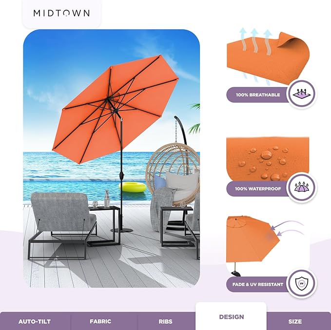 Midtown Umbrellas - 10-Year-No-Fade 10 Ft Patio Umbrella with Terylast Fabric, Auto-Tilt Aluminum Frame and 8 Reinforced Ribs for Deck, Pool, Garden & Beach - Tangerine Canopy, Black Pole