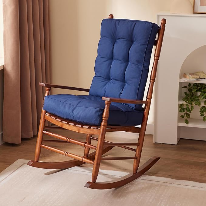 Rocking Chair Cushion, Waterproof and Fade-Resistant Patio Chair Cushions, Tufted Chair Pads for Rocker Furniture, 17x17 Inch, Indoor/Outdoor Seat Cushions with Ties, Navy Blue