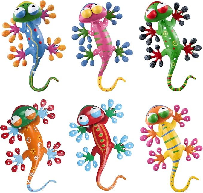 YEAHOME 6 Pack Metal Geckos Inspirational Wall Art, Mexican Outdoor Wall Decor with Shaking Head, Lizard Wall Sculptures & Statues for Farmhouse, Porch, Patio, Lawn, Fence