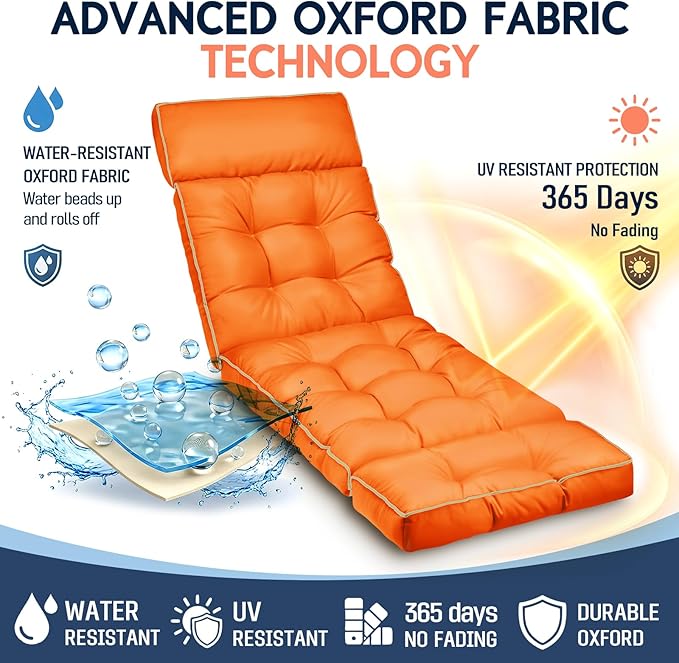 MAGIC ELEPHANT Chaise Lounge Cushions Outdoor, Memory Foam Replacement Patio Pool Lounge Chair Cushion with Ties for Outdoor Furniture, 74 x 22 x 4 Inch (Orange)