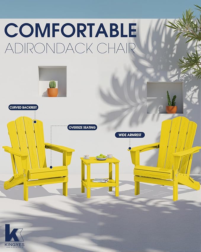 KINGYES Folding Adirondack Chair Set of 2, HDPE All-Weather Folding Adirondack Chair, Yellow
