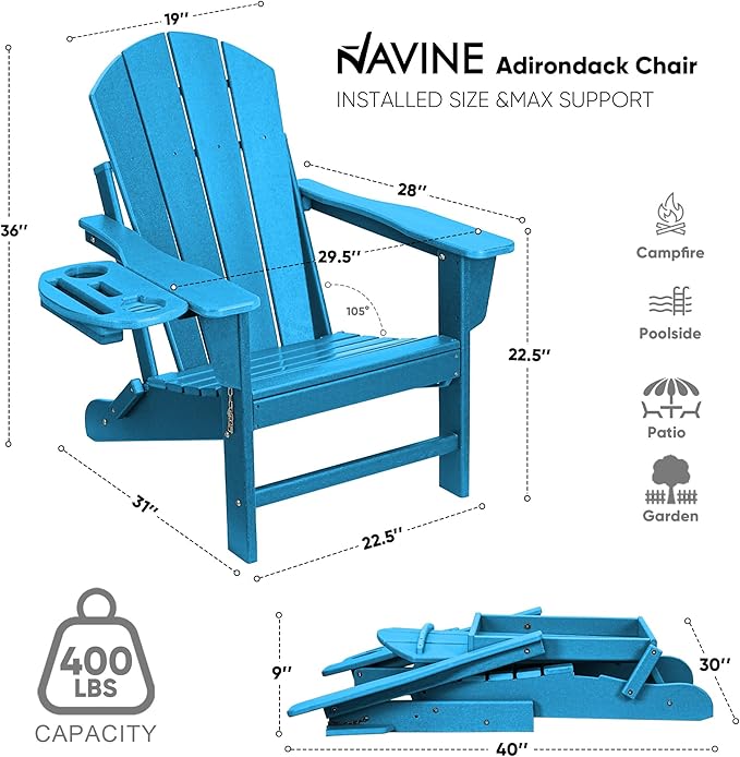 Adirondack Chair Set of 8, HDPE Folding Adirondack Chair with Multifunctional Cup Holder, Weather Resistant Fire Pit Chair for porches, patios, poolsides, Decks.