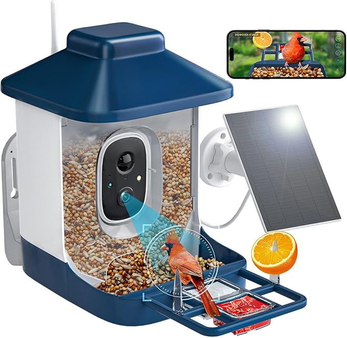 Bird Feeder with Camera, AI Bird Identification, Full HD Live Video, Solar Powered, 2.4Ghz WiFi, Instant Arrival Alerts - White Elephant Gifts