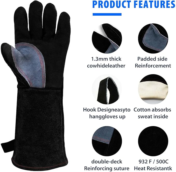 H HZXVOGEN Welding Gloves Fireplace Gloves Fire Heat Resistant 932℉ Fireproof Leather Mitts for Stove BBQ Grill Oven MIG TIG