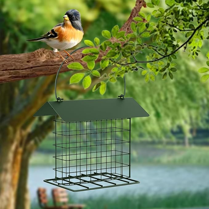 Suet Cake Bird Feeder Outdoor Hanging Metal Wire Wild Bird Feeder Fat Ball Food Feeder with Metal Roof and Platform Outside Cake Suet Feeder Rainproof(Green)