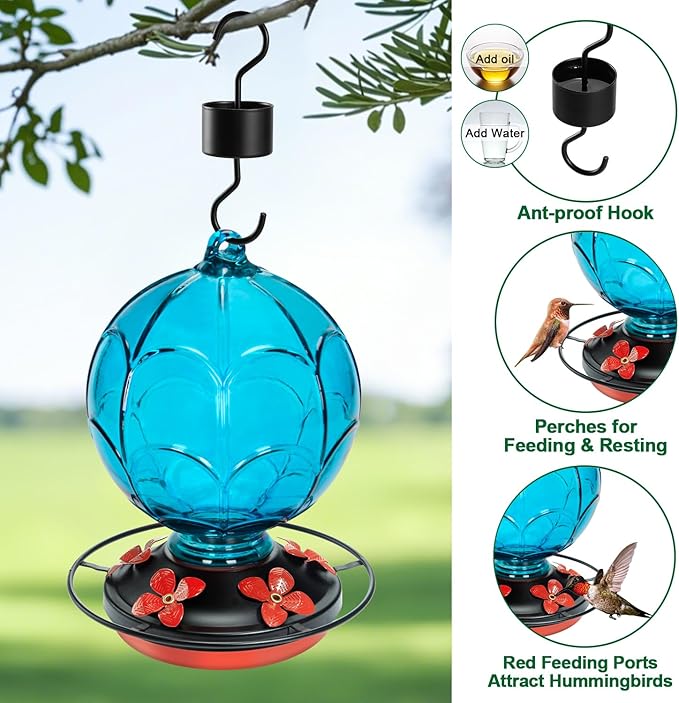 26 OZ Glass Hummingbird Feeder for Outdoors Hanging - Hand-Blown Hot Air Balloon Design - Leak-Proof & Ant Moat - Garden Decor Gift for Mom, Blue