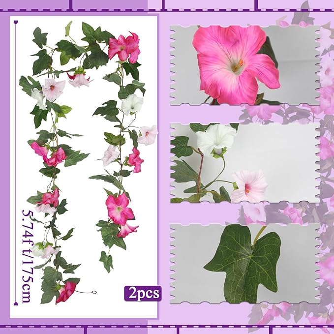 CISDUEO 2Pcs Artificial Vines for Outdoors Silk Morning Glory Garland 11.5Ft Hanging Flowers Plants Fake Petunias Vines for Indoor Home Decor Wall Fence Mantle Stairway Mailbox Rose Red Pink and White