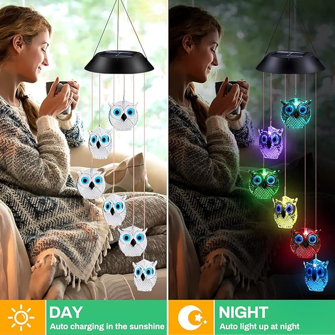 Solar Wind Chimes, Owl LED Solar Powered Wind Chimes Lamp Color Changing Waterproof Garden Chimes with Hook for Outdoor Indoor Patio Yard Deck Grandma Mom