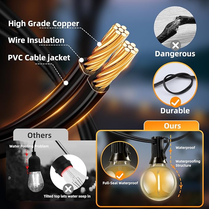 100FT Solar Lights Outdoor Waterproof: G40 30M Shatterproof Bulbs Patio Lights - Solar Powered Remote Control 3 Light Modes Dimmable Solar Light - Camping Backyard Garden Deck Outside Yard