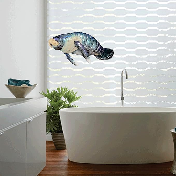 Manatee Metal Wall Art Fish Décor Sign, Handmade and Acrylic Handpainted Blue with White Pearl Capiz Shell, Coastal Beach House Style for Bathroom, Garden, Fence, Hallway, Deck, Outdoor (20x11x3in)