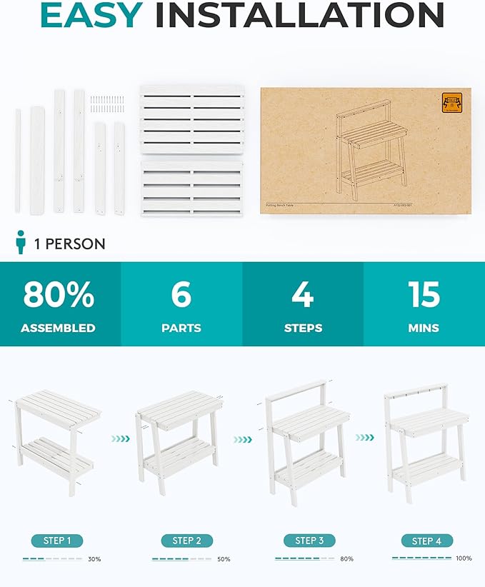 SERWALL Potting Bench Outdoor with Storage Set of 2, 3-Tier HDPE Gardening Table with Angled Legs & Tool Hooks, All-Weather Heavy Duty Potting Table for Patio, Backyard, Garden, White