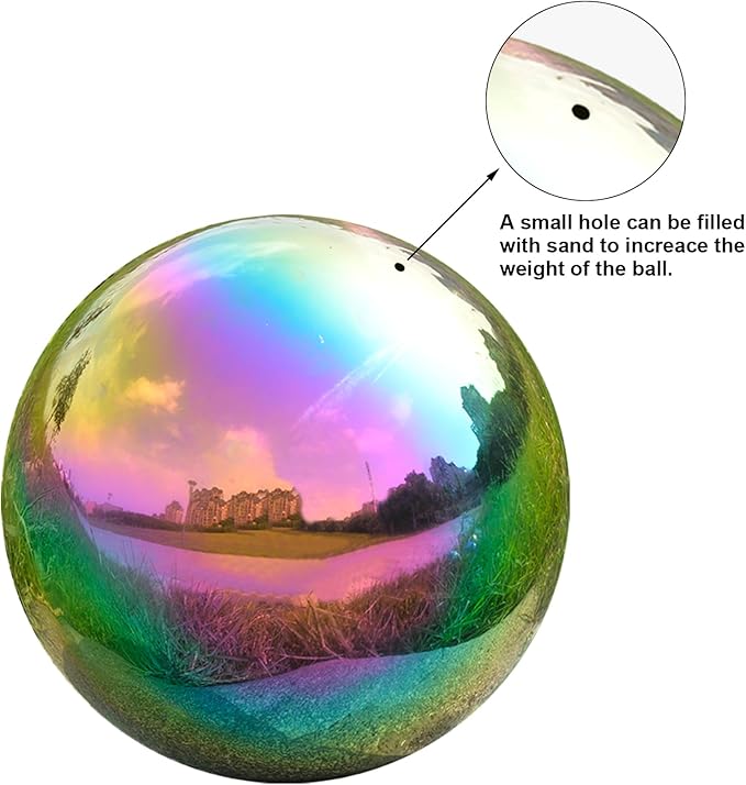 Nerien 12 Inch Gazing Ball, Stainless Steel Garden Mirror Globe, Polished Ornament Sphere, Hollow Floating Reflective Hemisphere, Home Outdoor Pond Housewarming Swimming Pool Decoration Gift, Rainbow